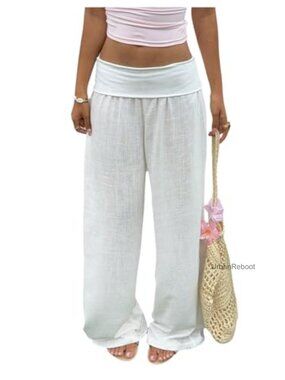 Wide Leg Linen Pants Fold Over Low Rise Lounge Trousers